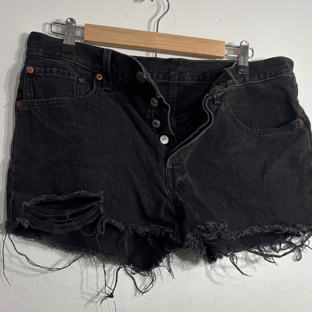 Black Distressed Levi's 501 Denim Women's Shorts - Picture 3 of 8